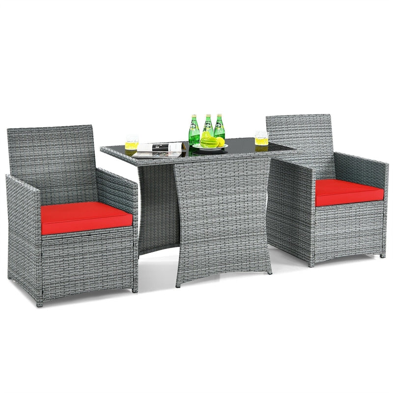 3 Piece Outdoor Wicker Bistro Set Space-Saving PE Rattan Patio Dining Set with Cushioned Chairs, Tempered Glass Top Table for Garden Balcony