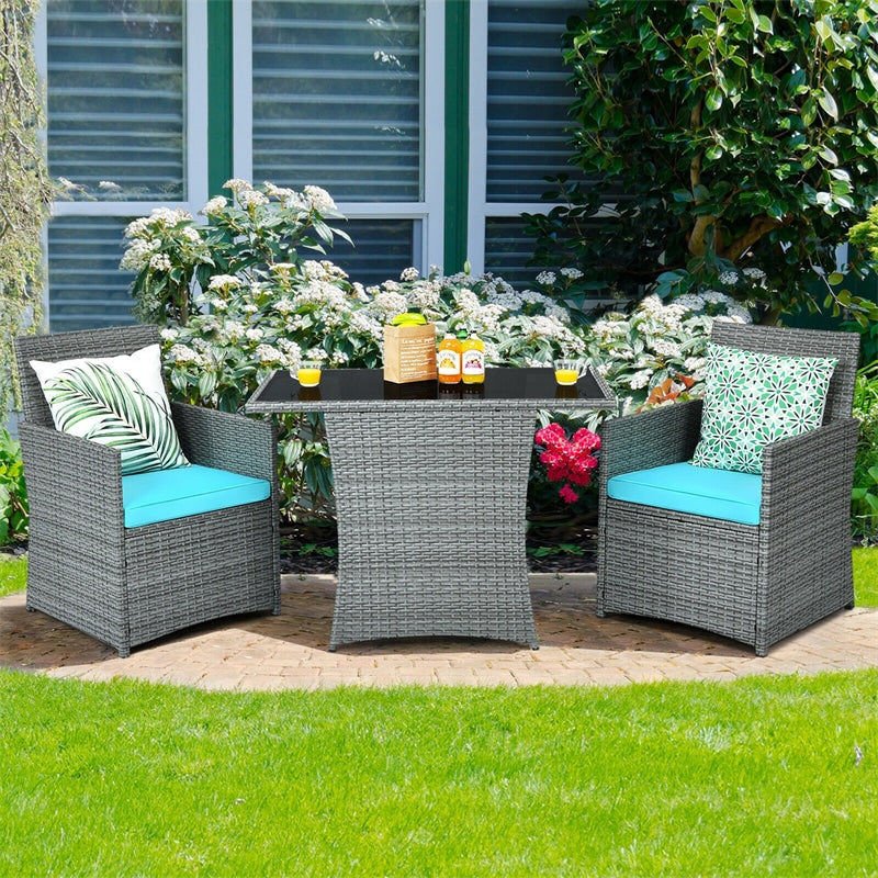 3 Piece Outdoor Wicker Bistro Set Space-Saving PE Rattan Patio Dining Set with Cushioned Chairs, Tempered Glass Top Table for Garden Balcony