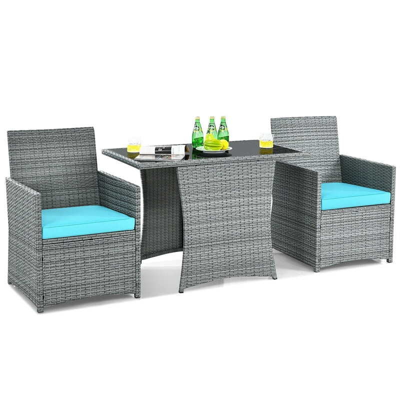 3 Piece Outdoor Wicker Bistro Set Space-Saving PE Rattan Patio Dining Set with Cushioned Chairs, Tempered Glass Top Table for Garden Balcony