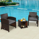 3 Piece Outdoor PE Rattan Furniture Set Wicker Patio Conversation Set with Cushioned Chairs, Tempered Glass Storage Coffee Table