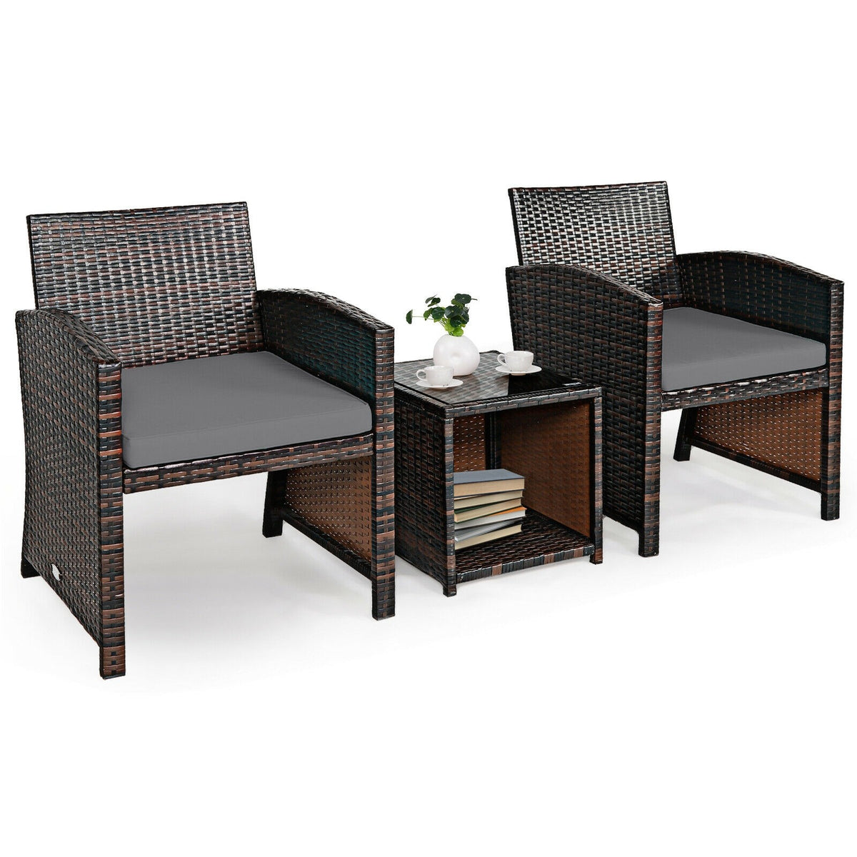 3 Piece Outdoor PE Rattan Furniture Set Wicker Patio Conversation Set with Cushioned Chairs, Tempered Glass Storage Coffee Table