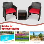 3 Piece Outdoor PE Rattan Furniture Set Wicker Patio Conversation Set with Cushioned Chairs, Tempered Glass Storage Coffee Table