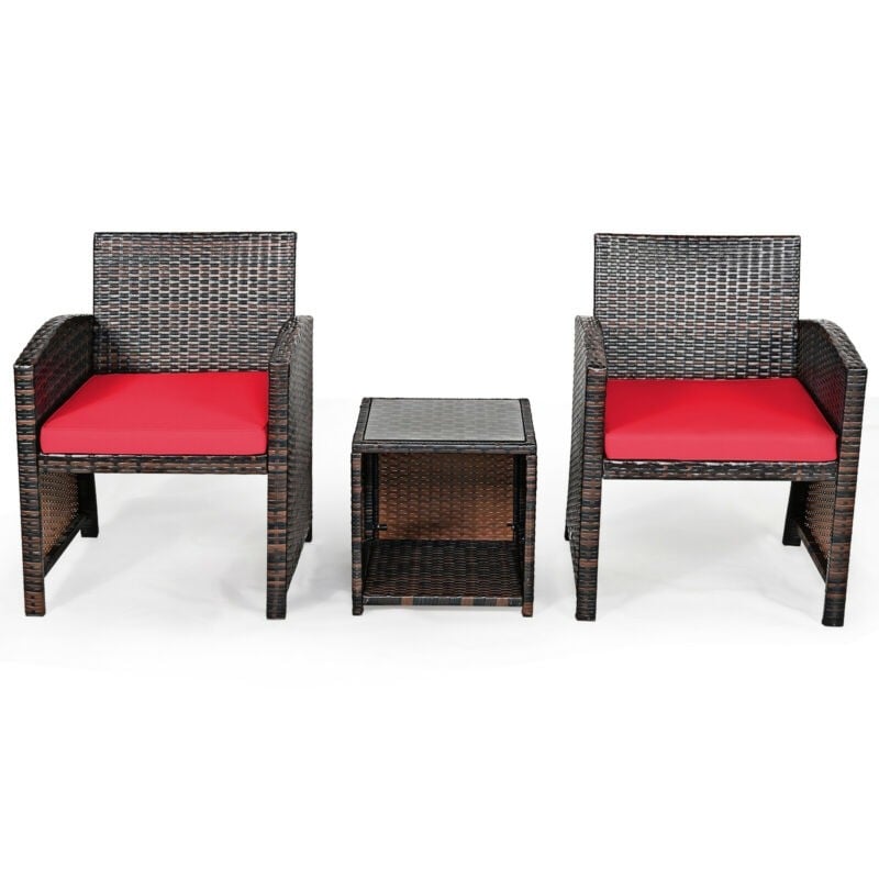 3 Piece Outdoor PE Rattan Furniture Set Wicker Patio Conversation Set with Cushioned Chairs, Tempered Glass Storage Coffee Table