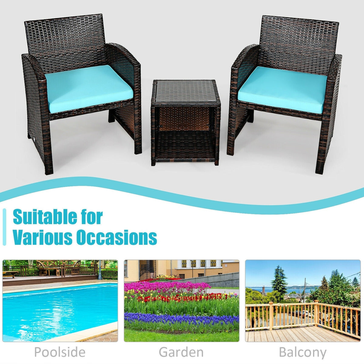 3 Piece Outdoor PE Rattan Furniture Set Wicker Patio Conversation Set with Cushioned Chairs, Tempered Glass Storage Coffee Table