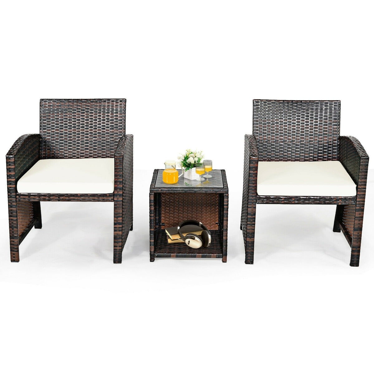 3 Piece Outdoor PE Rattan Furniture Set Wicker Patio Conversation Set with Cushioned Chairs, Tempered Glass Storage Coffee Table