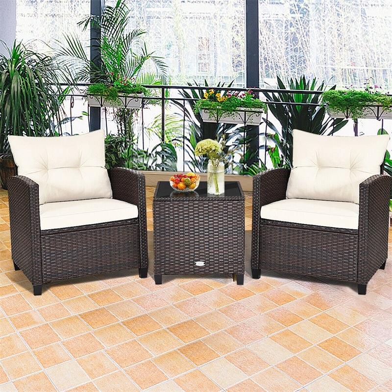 3 Piece Outdoor Rattan Patio Furniture Set, Wicker Conversation Set Bistro Chairs with Washable Cushions & Tempered Glass Coffee Table