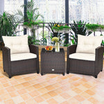 3 Piece Rattan Patio Furniture Set, Outdoor Conversation Set with Washable Cushions, Tempered Glass Coffee Table, Garden Wicker Sofa Set