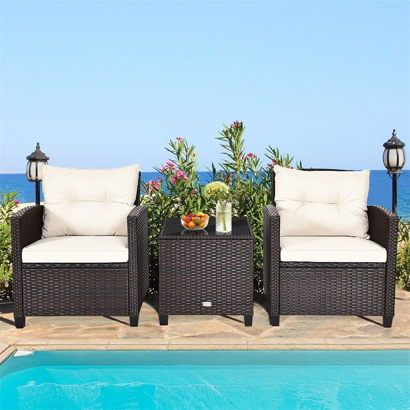 3 Piece Rattan Patio Furniture Set, Outdoor Conversation Set with Washable Cushions, Tempered Glass Coffee Table, Garden Wicker Sofa Set