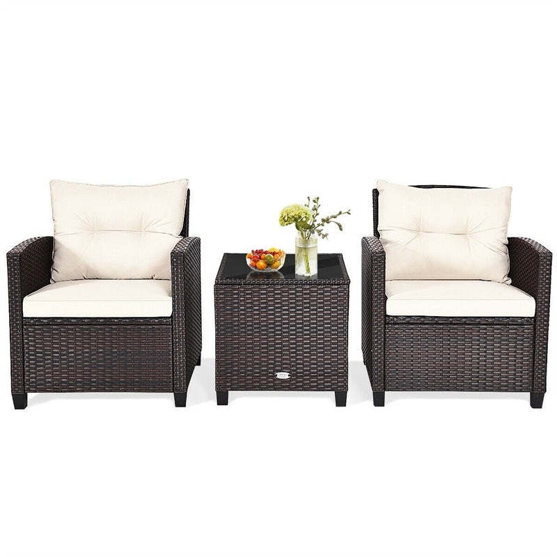 3PCS Rattan Patio Furniture Set with Washable Cushions & Tempered Glass Coffee Table, Outdoor Wicker Conversation Set for Garden, Balcony