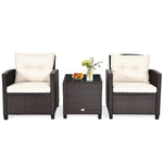 3 Piece Outdoor Rattan Patio Furniture Set, Wicker Conversation Set Bistro Chairs with Washable Cushions & Tempered Glass Coffee Table