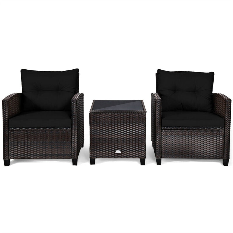 3 Piece Rattan Patio Furniture Set, Outdoor Conversation Set with Washable Cushions, Tempered Glass Coffee Table, Garden Wicker Sofa Set