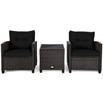 3 Piece Rattan Patio Furniture Set, Outdoor Conversation Set with Washable Cushions, Tempered Glass Coffee Table, Garden Wicker Sofa Set