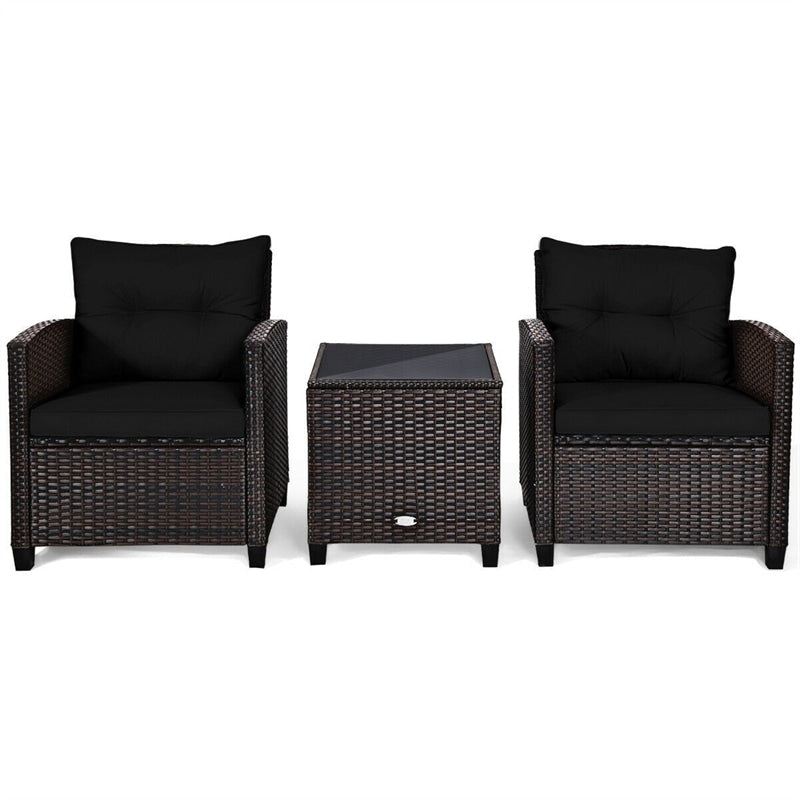 3 Piece Patio Rattan Furniture Set Outdoor Wicker Conversation Set Bistro Chairs with Washable Cushions & Tempered Glass Coffee Table