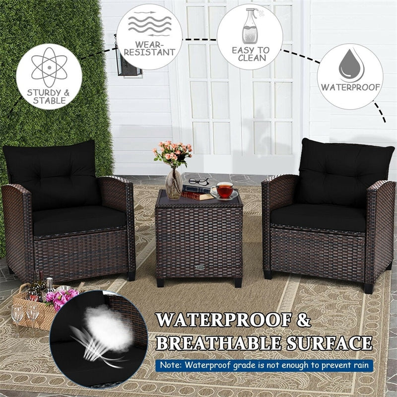 3 Piece Rattan Patio Furniture Set, Outdoor Conversation Set with Washable Cushions, Tempered Glass Coffee Table, Garden Wicker Sofa Set