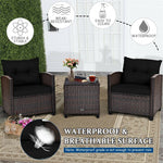 3PCS Rattan Patio Furniture Set with Washable Cushions & Tempered Glass Coffee Table, Outdoor Wicker Conversation Set for Garden, Balcony