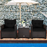 3 Piece Rattan Patio Furniture Set, Outdoor Conversation Set with Washable Cushions, Tempered Glass Coffee Table, Garden Wicker Sofa Set