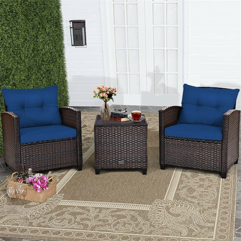 3 Piece Rattan Patio Furniture Set, Outdoor Conversation Set with Washable Cushions, Tempered Glass Coffee Table, Garden Wicker Sofa Set