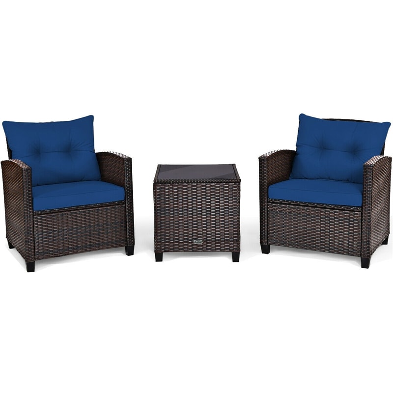 3 Piece Outdoor Rattan Patio Furniture Set, Wicker Conversation Set Bistro Chairs with Washable Cushions & Tempered Glass Coffee Table