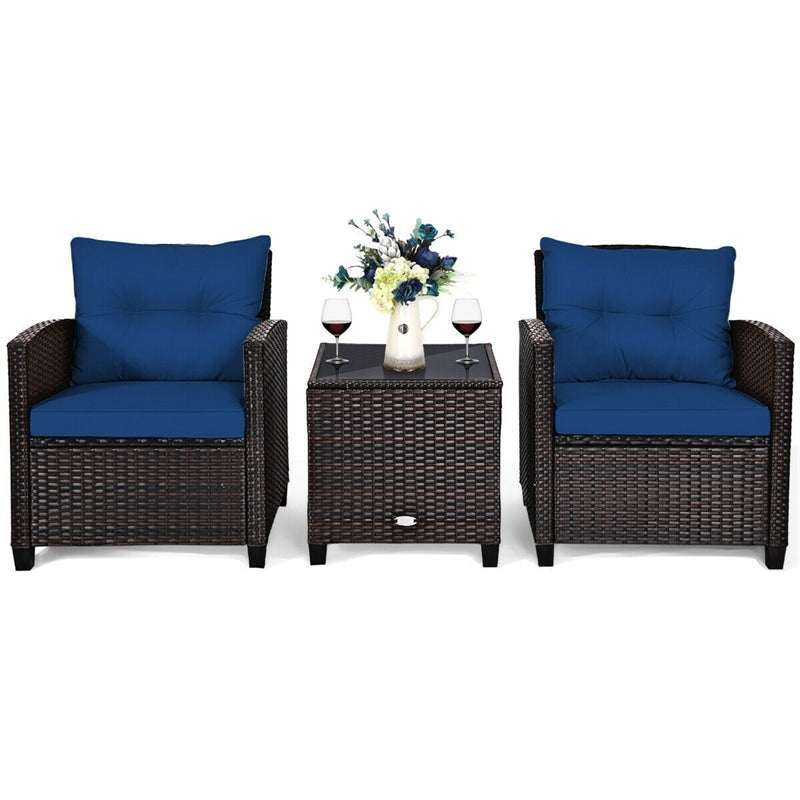 3 Piece Outdoor Rattan Patio Furniture Set, Wicker Conversation Set Bistro Chairs with Washable Cushions & Tempered Glass Coffee Table