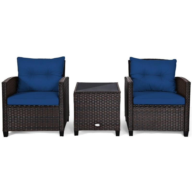 3 Piece Rattan Patio Furniture Set, Outdoor Conversation Set with Washable Cushions, Tempered Glass Coffee Table, Garden Wicker Sofa Set