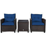 3PCS Rattan Patio Furniture Set with Washable Cushions & Tempered Glass Coffee Table, Outdoor Wicker Conversation Set for Garden, Balcony