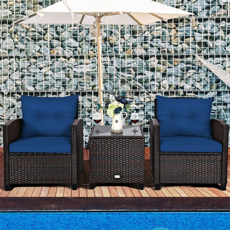 3PCS Rattan Patio Furniture Set with Washable Cushions & Tempered Glass Coffee Table, Outdoor Wicker Conversation Set for Garden, Balcony