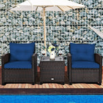 3 Piece Outdoor Rattan Patio Furniture Set, Wicker Conversation Set Bistro Chairs with Washable Cushions & Tempered Glass Coffee Table