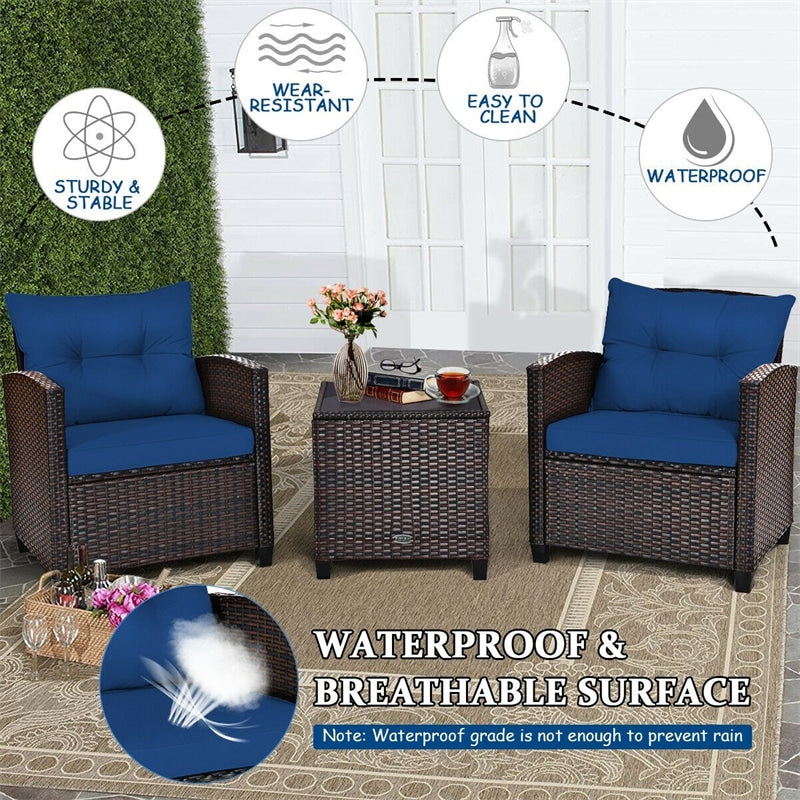 3 Piece Rattan Patio Furniture Set, Outdoor Conversation Set with Washable Cushions, Tempered Glass Coffee Table, Garden Wicker Sofa Set