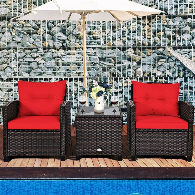 3 Piece Rattan Patio Furniture Set, Outdoor Conversation Set with Washable Cushions, Tempered Glass Coffee Table, Garden Wicker Sofa Set