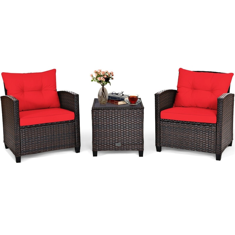 3 Piece Rattan Patio Furniture Set, Outdoor Conversation Set with Washable Cushions, Tempered Glass Coffee Table, Garden Wicker Sofa Set