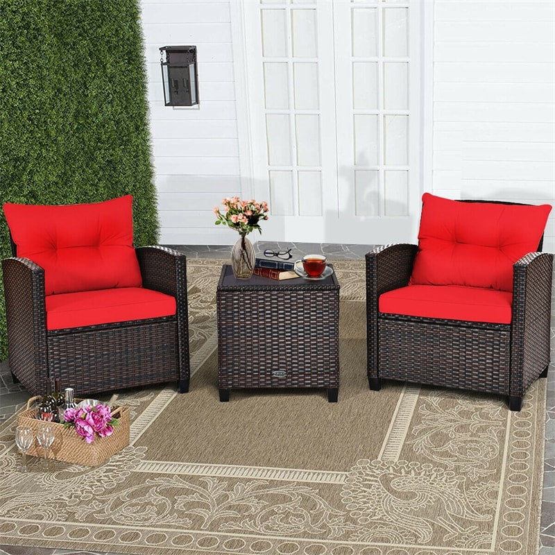 3PCS Rattan Patio Furniture Set with Washable Cushions & Tempered Glass Coffee Table, Outdoor Wicker Conversation Set for Garden, Balcony