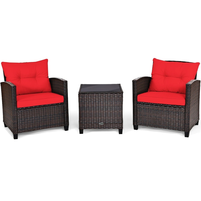 3 Piece Rattan Patio Furniture Set, Outdoor Conversation Set with Washable Cushions, Tempered Glass Coffee Table, Garden Wicker Sofa Set