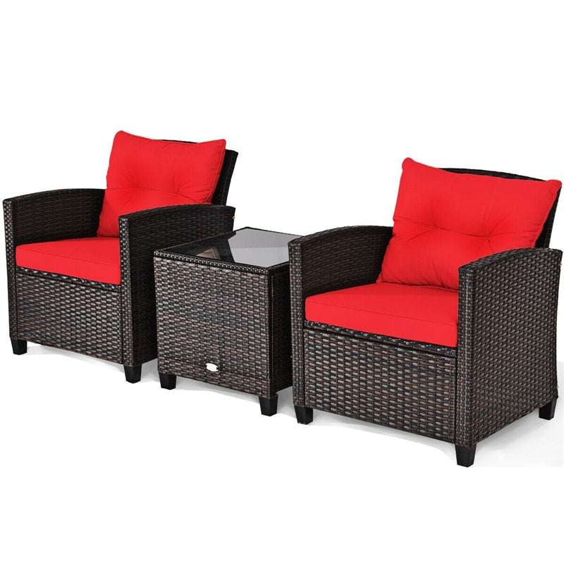 3 Piece Outdoor Rattan Patio Furniture Set, Wicker Conversation Set Bistro Chairs with Washable Cushions & Tempered Glass Coffee Table