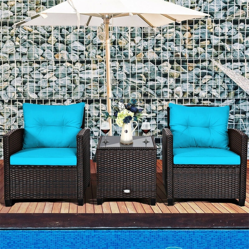 3 Piece Rattan Patio Furniture Set, Outdoor Conversation Set with Washable Cushions, Tempered Glass Coffee Table, Garden Wicker Sofa Set