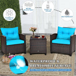 3 Piece Rattan Patio Furniture Set, Outdoor Conversation Set with Washable Cushions, Tempered Glass Coffee Table, Garden Wicker Sofa Set