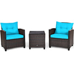 3 Piece Rattan Patio Furniture Set, Outdoor Conversation Set with Washable Cushions, Tempered Glass Coffee Table, Garden Wicker Sofa Set