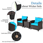 3 Piece Patio Rattan Furniture Set Outdoor Wicker Conversation Set Bistro Chairs with Washable Cushions & Tempered Glass Coffee Table