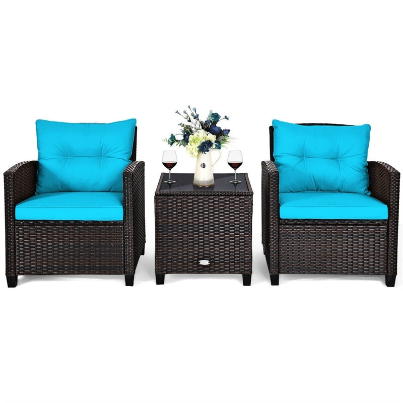 3 Piece Rattan Patio Furniture Set, Outdoor Conversation Set with Washable Cushions, Tempered Glass Coffee Table, Garden Wicker Sofa Set