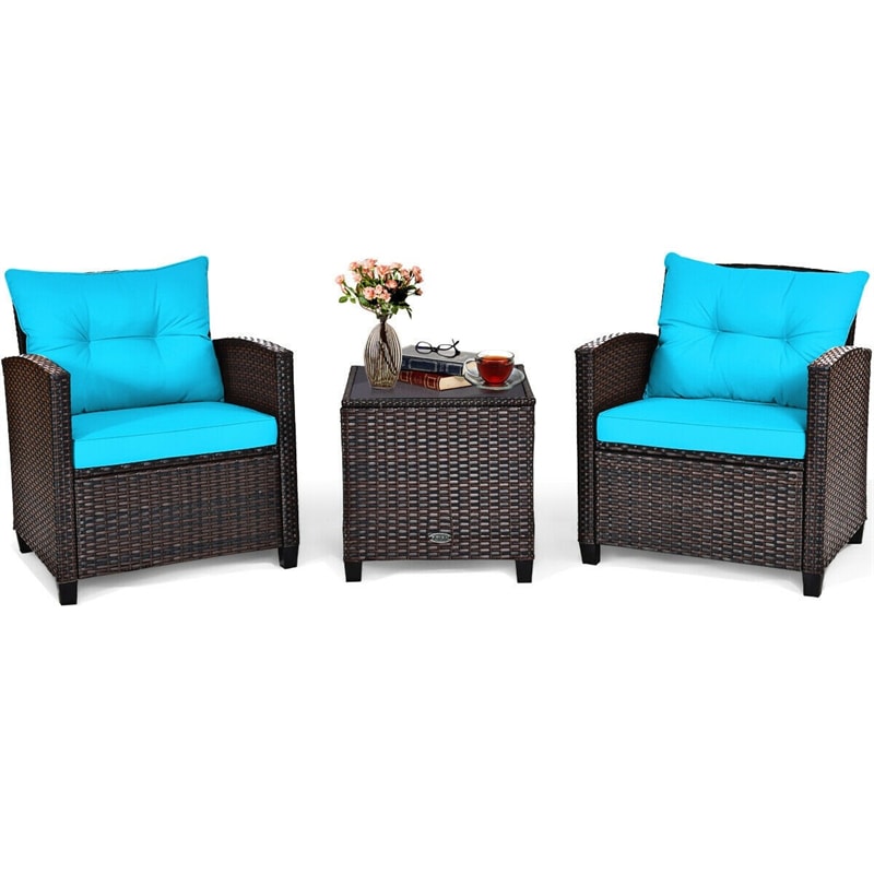 3 Piece Rattan Patio Furniture Set, Outdoor Conversation Set with Washable Cushions, Tempered Glass Coffee Table, Garden Wicker Sofa Set