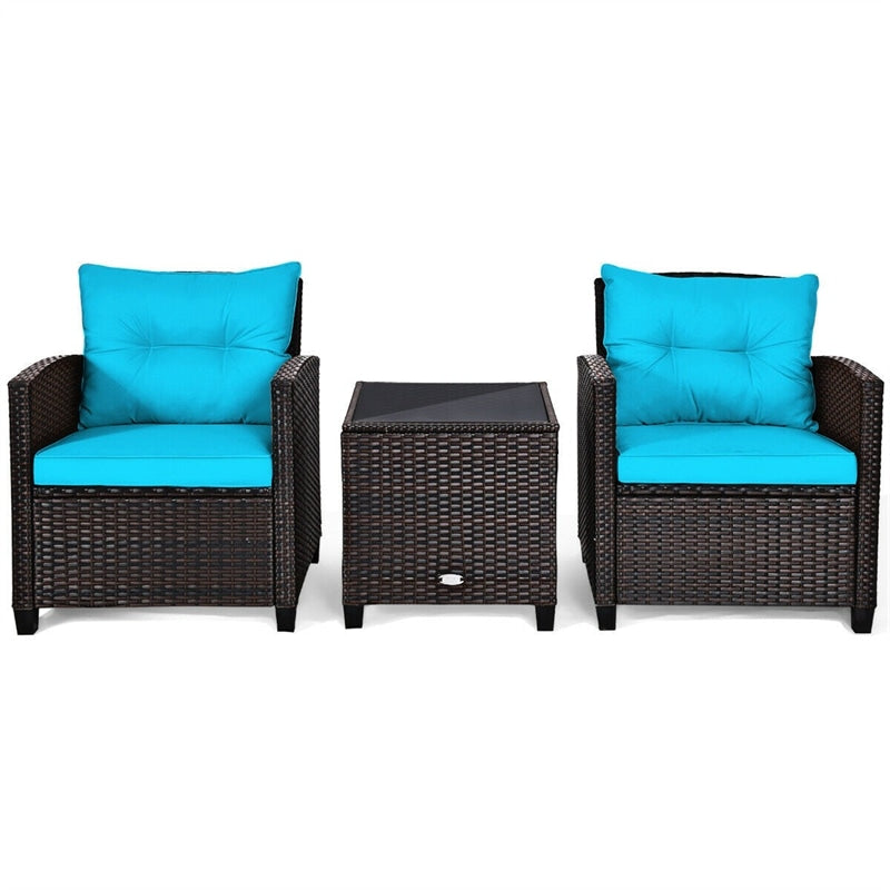 3PCS Rattan Patio Furniture Set with Washable Cushions & Tempered Glass Coffee Table, Outdoor Wicker Conversation Set for Garden, Balcony