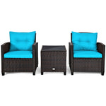 3 Piece Rattan Patio Furniture Set, Outdoor Conversation Set with Washable Cushions, Tempered Glass Coffee Table, Garden Wicker Sofa Set