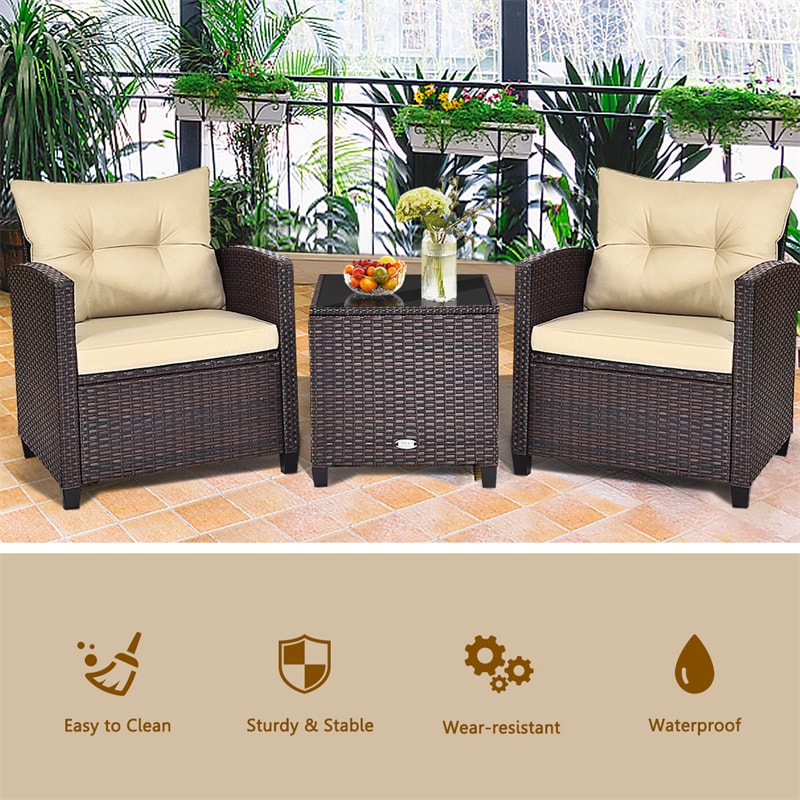 3 Piece Rattan Patio Furniture Set, Outdoor Conversation Set with Washable Cushions, Tempered Glass Coffee Table, Garden Wicker Sofa Set