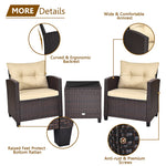 3PCS Rattan Patio Furniture Set with Washable Cushions & Tempered Glass Coffee Table, Outdoor Wicker Conversation Set for Garden, Balcony