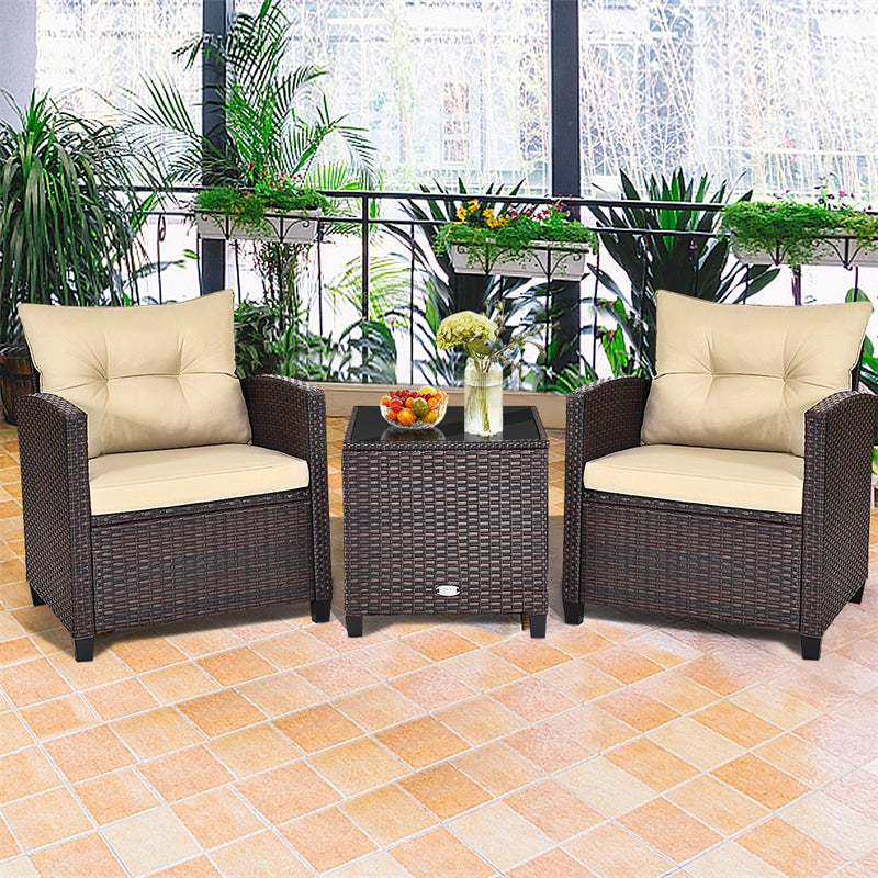 3PCS Rattan Patio Furniture Set with Washable Cushions & Tempered Glass Coffee Table, Outdoor Wicker Conversation Set for Garden, Balcony