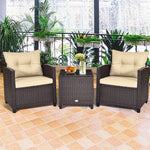 3 Piece Rattan Patio Furniture Set, Outdoor Conversation Set with Washable Cushions, Tempered Glass Coffee Table, Garden Wicker Sofa Set