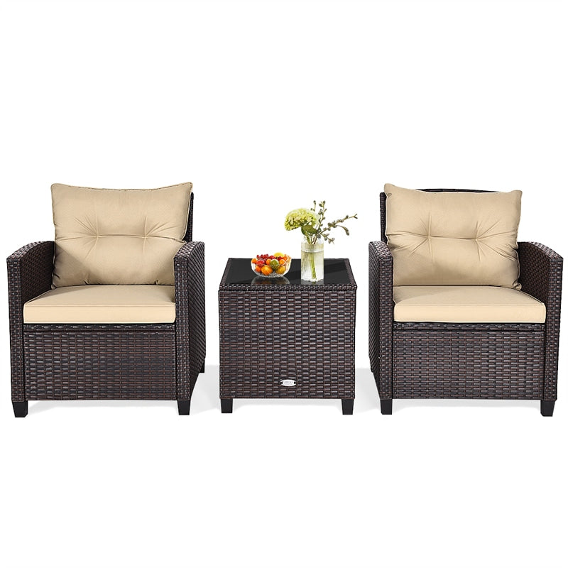 3 Piece Rattan Patio Furniture Set, Outdoor Conversation Set with Washable Cushions, Tempered Glass Coffee Table, Garden Wicker Sofa Set