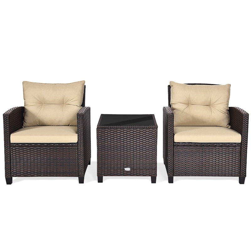 3 Piece Outdoor Rattan Patio Furniture Set, Wicker Conversation Set Bistro Chairs with Washable Cushions & Tempered Glass Coffee Table