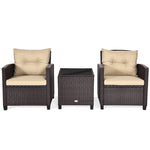 3 Piece Rattan Patio Furniture Set, Outdoor Conversation Set with Washable Cushions, Tempered Glass Coffee Table, Garden Wicker Sofa Set