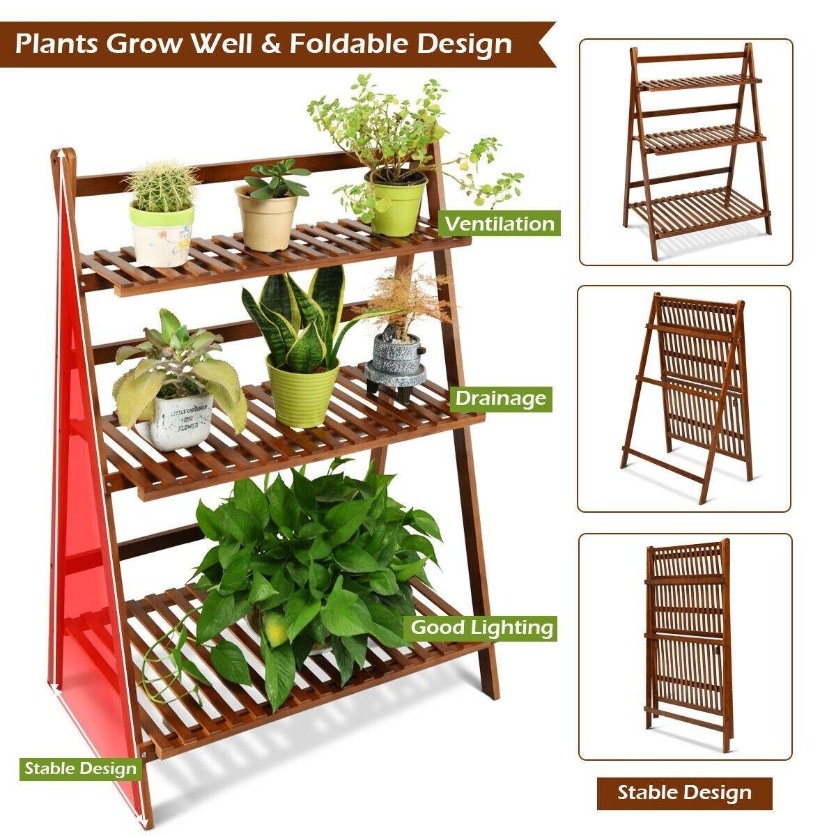 3 Tier Folding Bamboo Plant Stand Organizer Storage Shelving - Bestoutdor