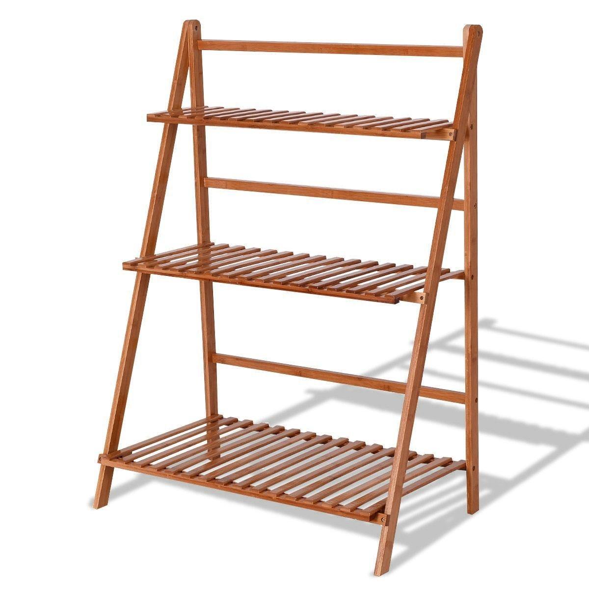 3 Tier Folding Bamboo Plant Stand Organizer Storage Shelving - Bestoutdor